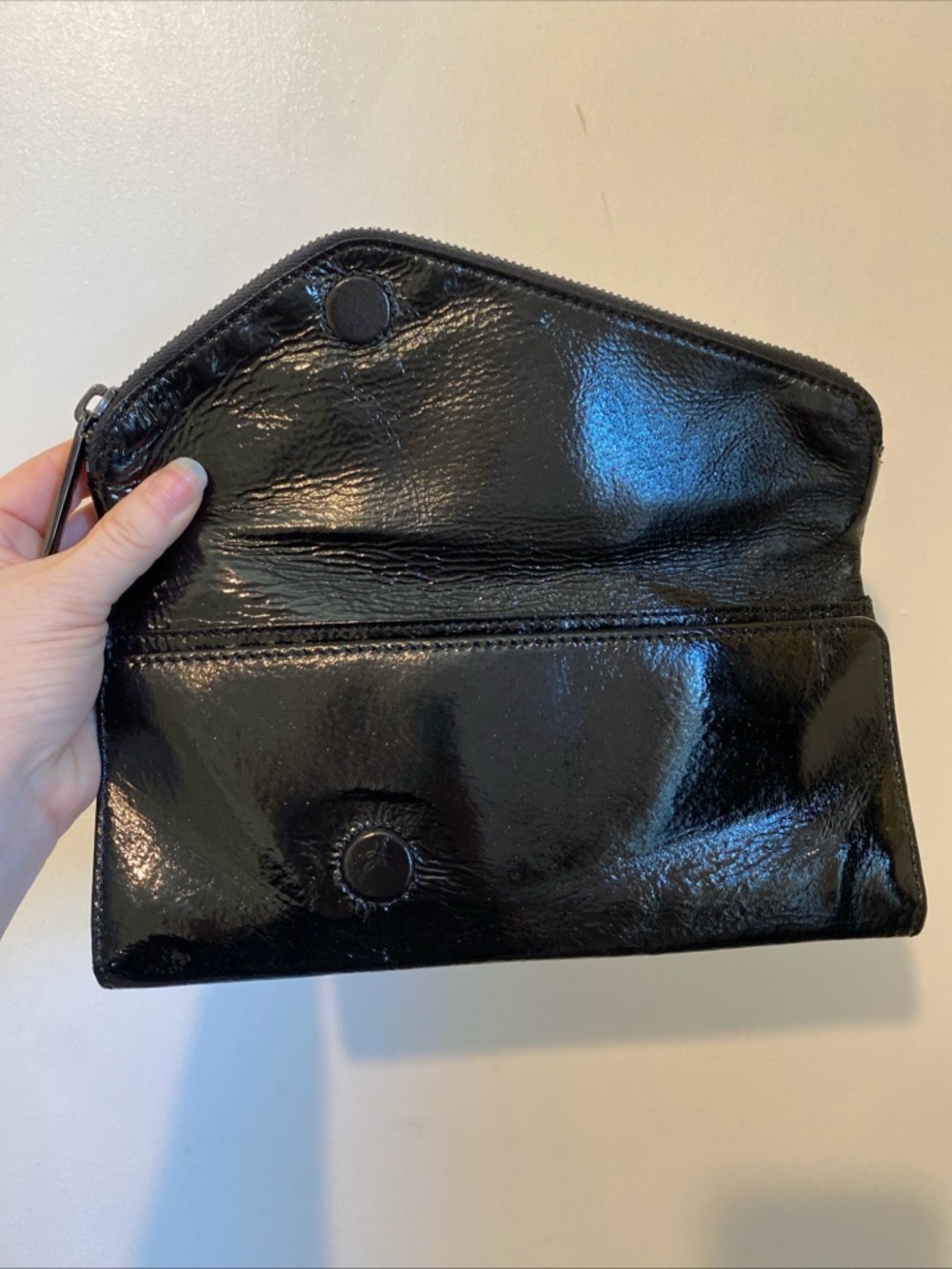HOBO Black Patent Fold-Over Clutch with Diagonal Zip Magnetic Closure - Picture 8 of 15